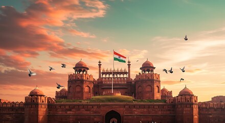 Majestic Red Fort Illuminated by Dawn's Hues with the Indian Flag Flying High