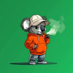 Koala in Tracksuit and Bucket Hat Puffing Cigar