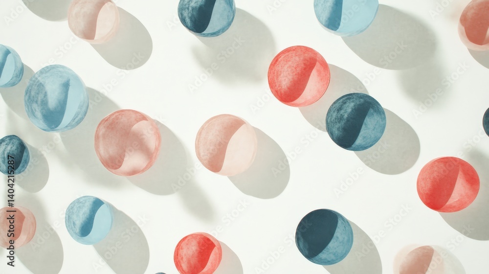 Poster colorful translucent spheres casting shadows on a white surface, creating an artistic background
