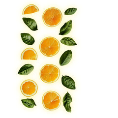 Obraz premium Vibrant citrus slices and fresh basil leaves on a bright yellow background.