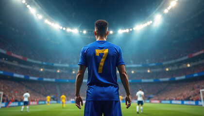 Soccer player with number seven on blue jersey stands on stadium field. Football competition, athletic game, spotlight, professional league. Victory, championship goal, sports action, green grass.