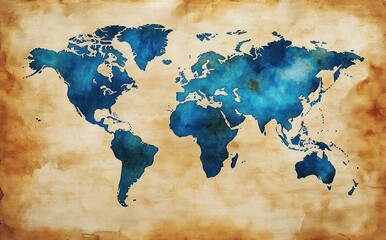 Watercolor World Map with Textured Parchment Background in Impressionistic Style