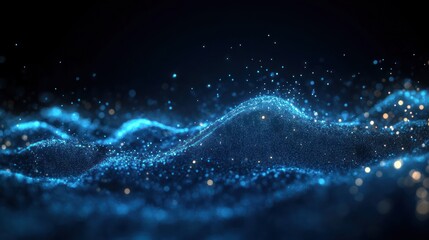 Abstract Ocean Wave with Bioluminescent Particles in Dark Blue Background
