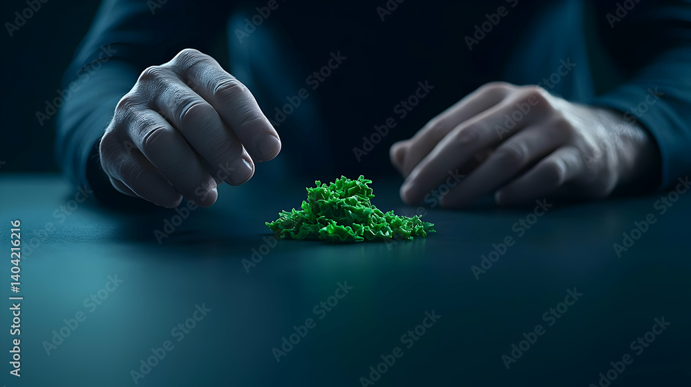 Poster human hands hovering over small green object on a dark reflective surface