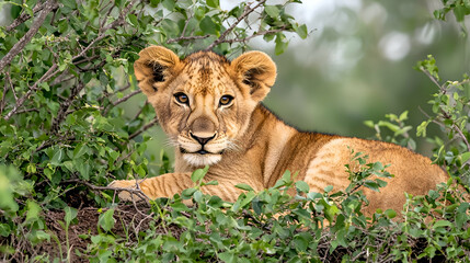 Obraz premium Lion Cub Amidst Lush Green Foliage in African Savanna