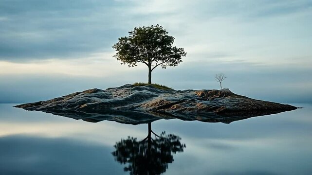 Solitary tree atop rocky islet reflects in tranquil water under softly clouded skies, serene simplicity