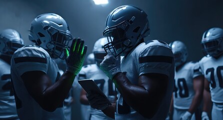 Naklejka premium Football Players Strategy Session In Locker Room