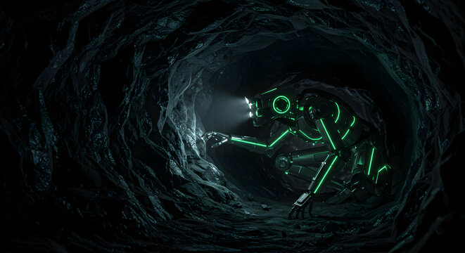 Glowing Robot Exploring Dark Underground Tunnel