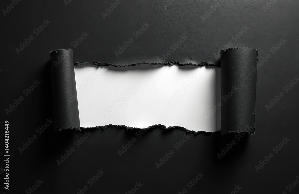 Poster torn black paper revealing white background. ripped paper with copy space for text. creative design 