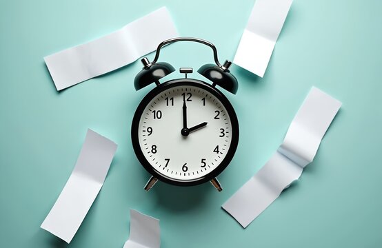 Minimalist photo alarm clock scattered papers around. Clean design with plenty copy space. Represents pressure deadlines time management productivity focus.
