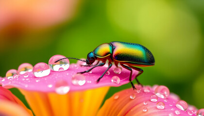 Fototapeta premium Colorful Beetle On Dew-Kissed Flower Petal