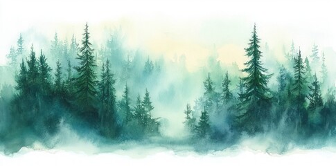 Obraz premium Misty Forest Watercolor Painting Serene Green Blue Landscape Winter Panorama Calm Nature