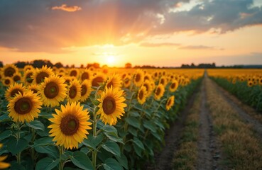 Sunflower field during sunset. Yellow blossoming flowers, rich harvest in rural landscape. Agriculture and nature concept. Ripe plants, farmland, horizon view. Ideal background, wallpaper.
