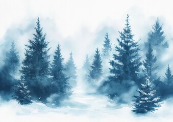 Winter Forest Landscape Watercolor Artwork Misty Evergreen Trees Blue White Background