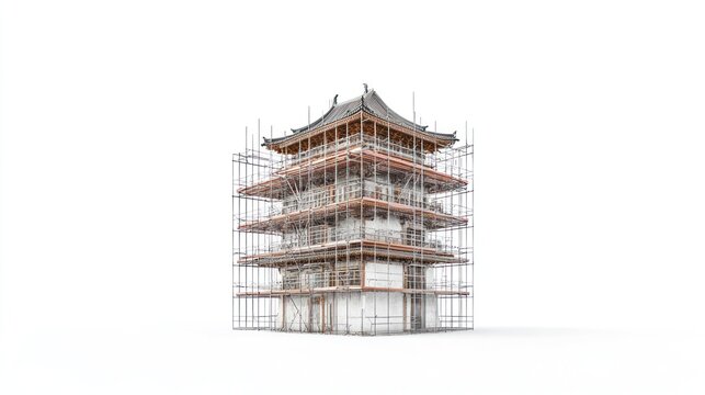 Asian pagoda under construction, 3D model, isolated white background, for architecture, design or real estate use