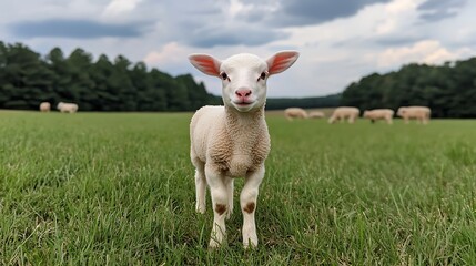 Obraz premium Adorable Fluffy Lamb in a Green Pasture