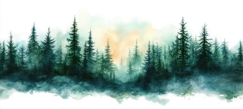 Foggy Green Forest Landscape Winter Nature Watercolor Painting Taiga Trees Misty Background