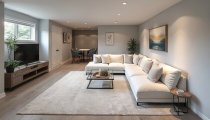 Newly renovated contemporary basement living room. Large white sectional sofa with gray wood-look floor. Modern interior design with minimalist decor. Open-plan space, stylish home.