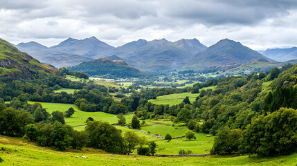 Obraz premium Panoramic View Of Green Valley With Mountains