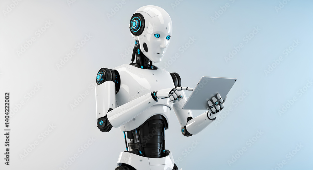 Poster white android robot using tablet with blue lighting accents on a gradient background