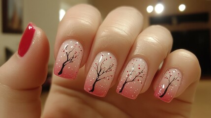Nail art design with a pink gradient and a delicate cherry blossom tree silhouette on the nails