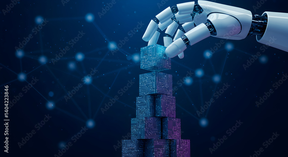 Poster robotic arm stacking glowing cubes symbolizing artificial intelligence and future technology on dark