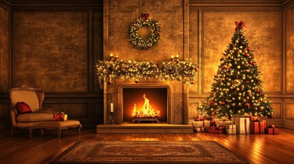 a warmly lit christmas ambiance showcasing a decorated christmas tree and a cozy fireplace in a classic interior evoking a sense of holiday cheer and peaceful family gatherings