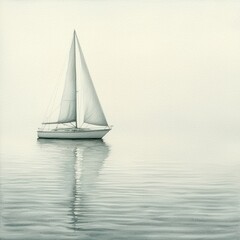 Fototapeta premium Tranquil Sailboat Gliding on Calm Waters in Soft Morning Light