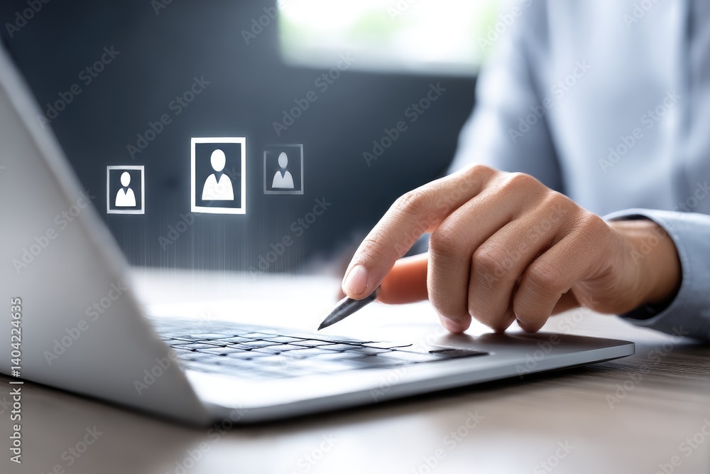 Aufkleber hands hovering over laptop keyboard with projected user icons