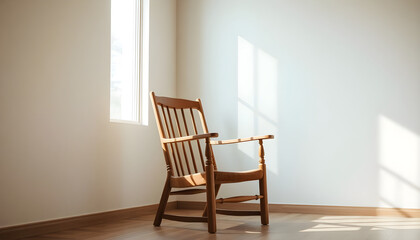 wooden rocking chair in a white room