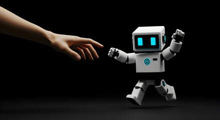 Human Hand Reaching Out to Small Cheerful White Robot with Blue Light on Black Background