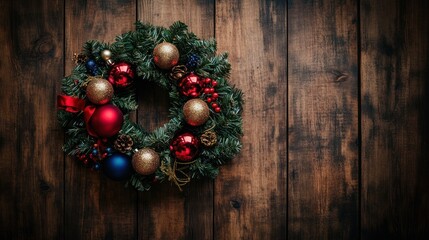 festive christmas wreath adorning a rustic wooden backdrop bringing a touch of cozy holiday spirit to any home or gathering space evoking warmth and joyful celebration