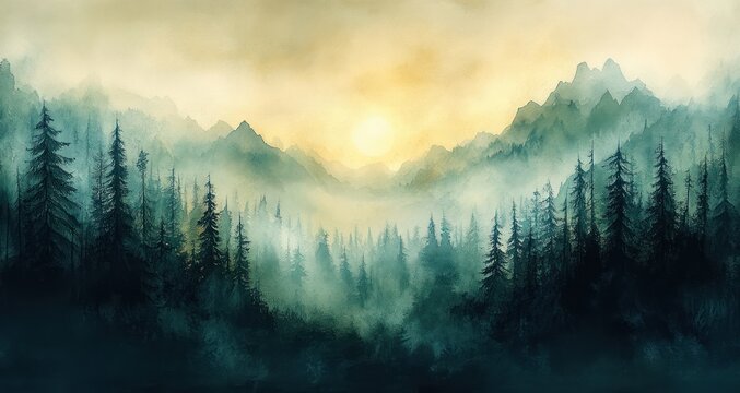 Misty Winter Forest with Evergreen Trees Soft Light Tranquil Watercolor Landscape
