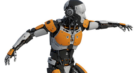 Fototapeta premium Detailed 3D Render of an Orange and Silver Android Robot with Arms Outstretched on a Clean White Background
