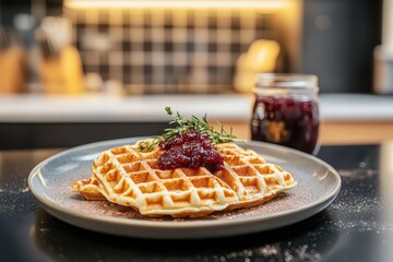 A delicious waffle topped with cranberry sauce and fresh herbs.