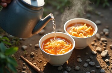 Pouring hot water instant noodle cups outdoors. Food preparation, adventure travel, campground picnic. Camping trip wilderness. Steam rising from dish on gravel. Delicious meal ready. Healthy food