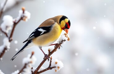 Naklejka premium Colorful Goldfinch bird sits snowy branch. Bird pecks seeds during winter. Snowy weather with sun. Natural wildlife scene for eco tech media, winter holidays, nature, ecology concepts.
