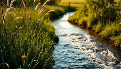 stream running through a lush green field