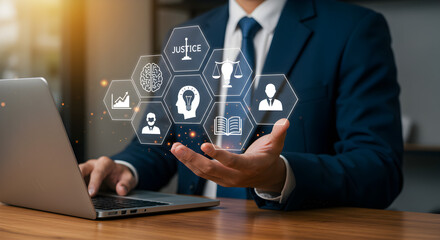 Business Analytics with Hologram Interface Man in Suit Using Laptop and Business Icons Overlaid Technology