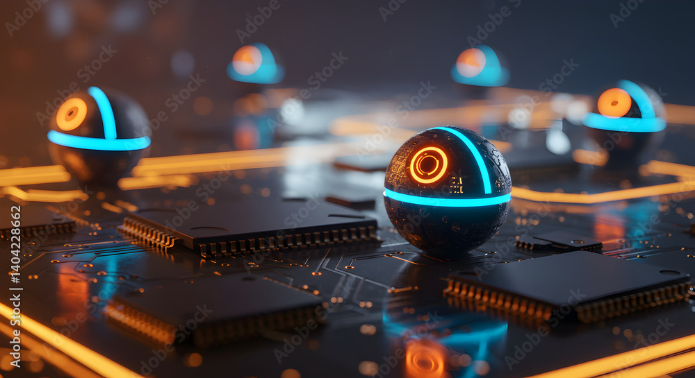 Poster artificial intelligence spheres connecting through a circuit board in dark background