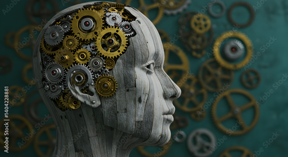 Poster abstract artificial intelligence brain with intricate gears and cogs on teal background