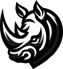 Stylized black and white illustration of a rhinoceros head with bold lines and sharp angles.