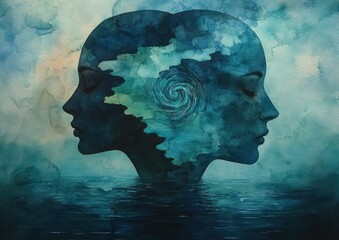 Human Heads Silhouette Watercolor Design Abstract Spiral Conceptual Psychology Inspiration