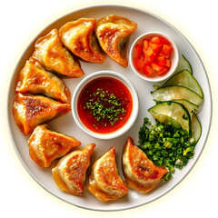Deliciously crispy dumplings served with dipping sauce and fresh vegetables.