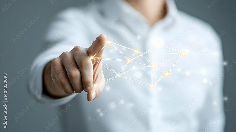 Poster man in white shirt pointing at digital network of glowing nodes on gray background