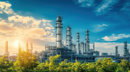 Fototapeta premium a vast industrial complex stretching into the horizon under a brilliant sky symbolizes the intersection of energy production and environmental considerations against clear blue sky