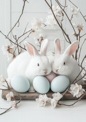Charming Scene of Bunnies and Easter Eggs on Wooden Table. Great for Greeting Cards