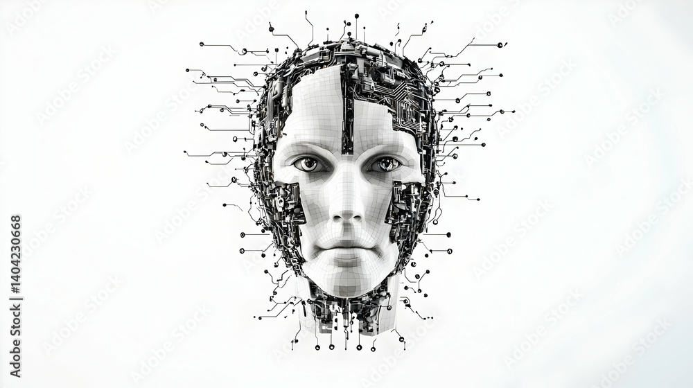 Poster abstract artificial face depicting technology and data with a white background