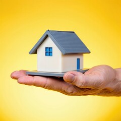 Hand offering toy house with base on vivid yellow backdrop