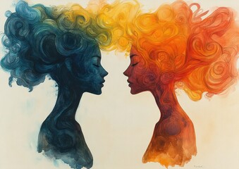 Watercolor painting telepathy empathy communication thought dialogue between two people